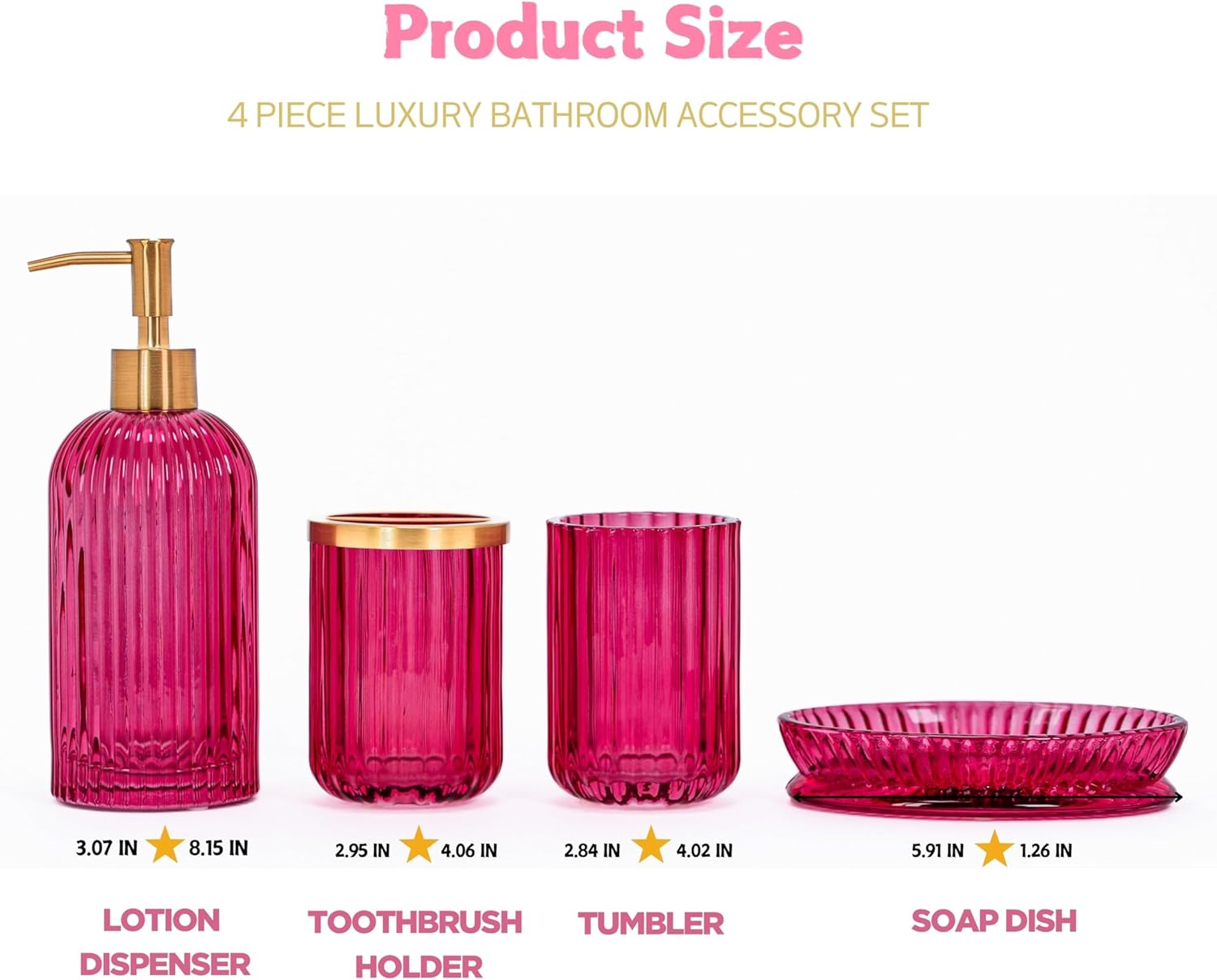 4 Piece Heavy Weight Patterned Glass Brushed Gold Metal Luxury Bathroom Accessory Set with Lotion Dispenser, Toothbrush Holder, Tumbler & Soap Dish | Modern Gift (Magenta/Pink)
