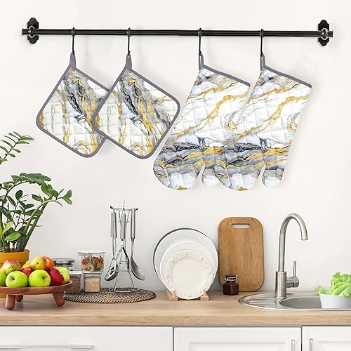 Miniatura 2 de Juego de 4 manoplas de horno y soportes para ollas de mármol de oro blanco, 100% algodón, resistentes al calor, guantes de horno extra largos para