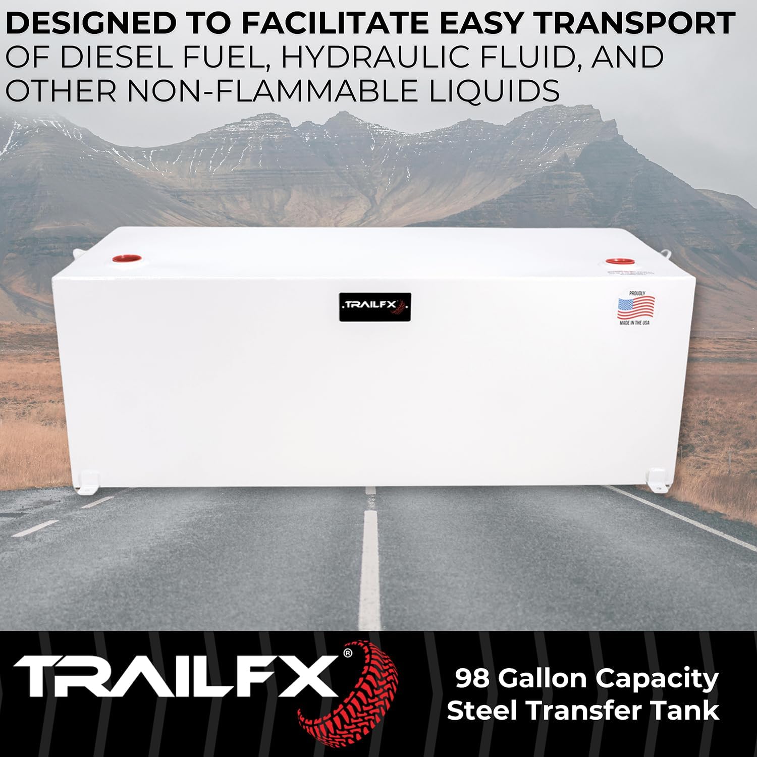 TrailFX 21098SW Liquid Transfer Tank 98 Gallon Capacity Rectangular Steel Tank Gloss White Powder Coat Vented Lockable Cap For Diesel and Non-Flammable Liquids