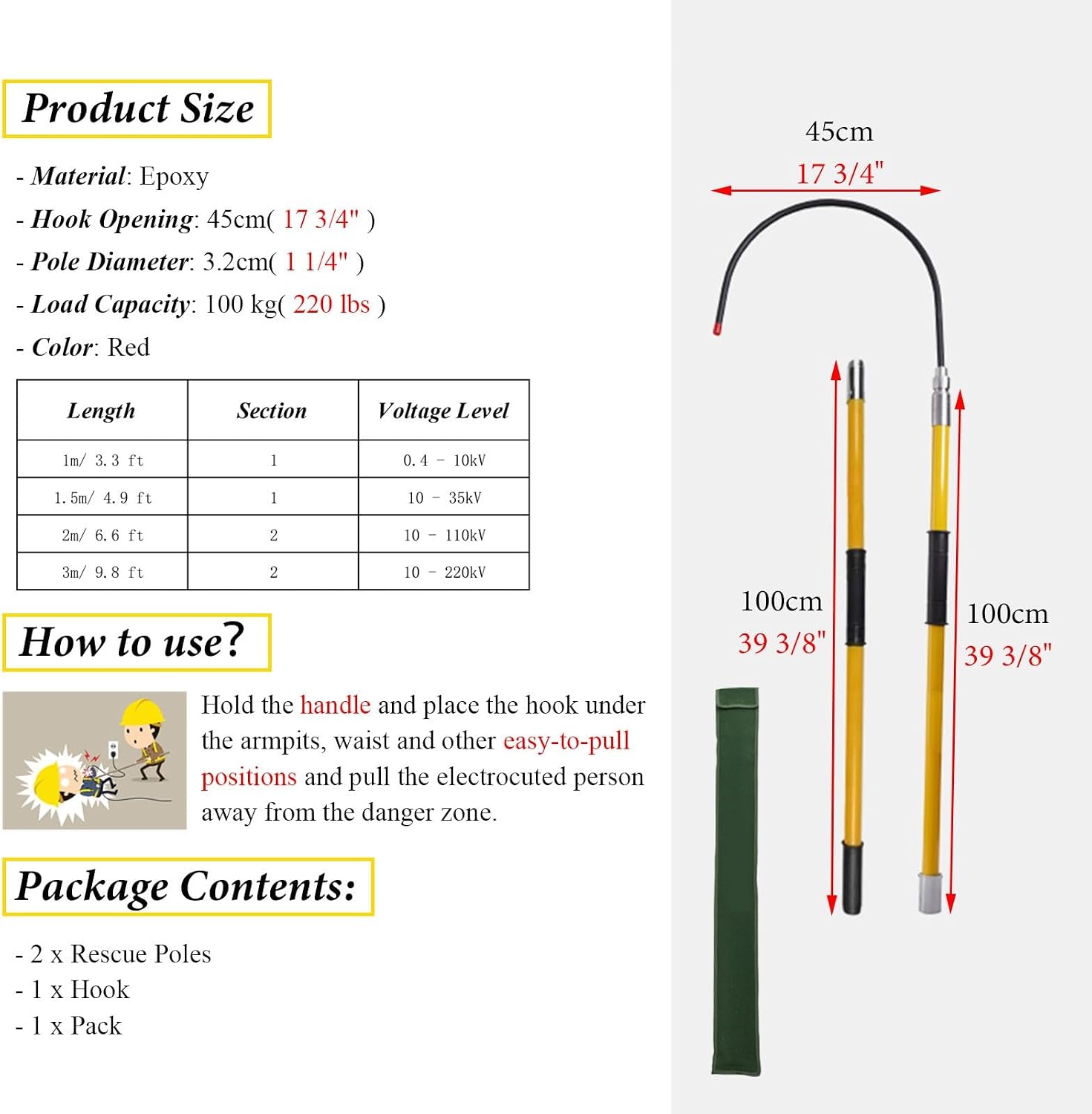 Emerncy Hook for Electrocut, 2m/6.6ft Portable Lifesaving Pole, Detachable Electl Safe Rod Kit, Lifeguard Stick - Yellow