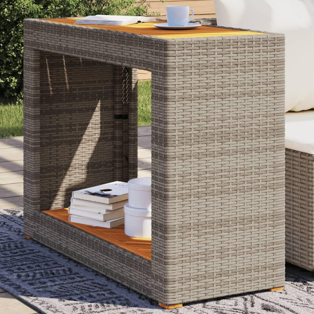 SXZenSpace Rattan Outdoor Side Table 100x40 Grey Brown PE Garden Coffee with Acacia Wood Top for Balcony Patio Small Bistro Use