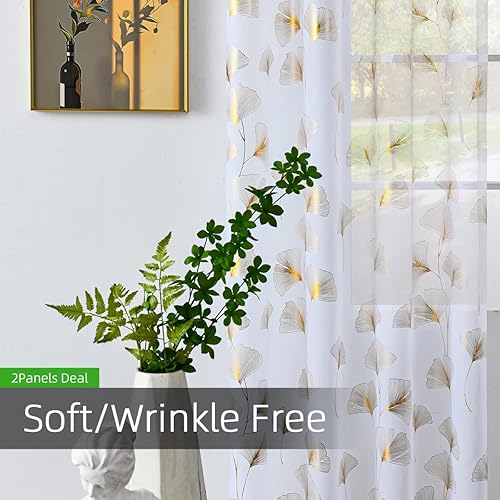 Miniatura 4 de Youleyar Cortinas transparentes de gasa con estampado de lámina dorada cortinas de ventana con ojales en la parte superior de 72 pulgadas de largo