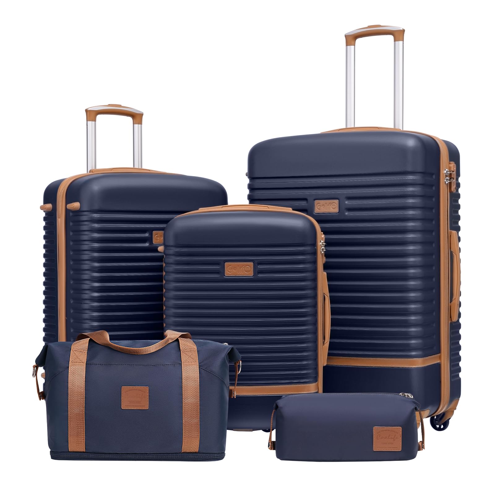 COOLIFE Koffer Set 5-TLG: S+M+L + Reisetasche | ABS Hartschale Leicht, 360° Räder & TSA-Schlösser Für Europa, Kreuzfahrt & Auslandsstudium – Familienurlaub Essentials Blau/Braun