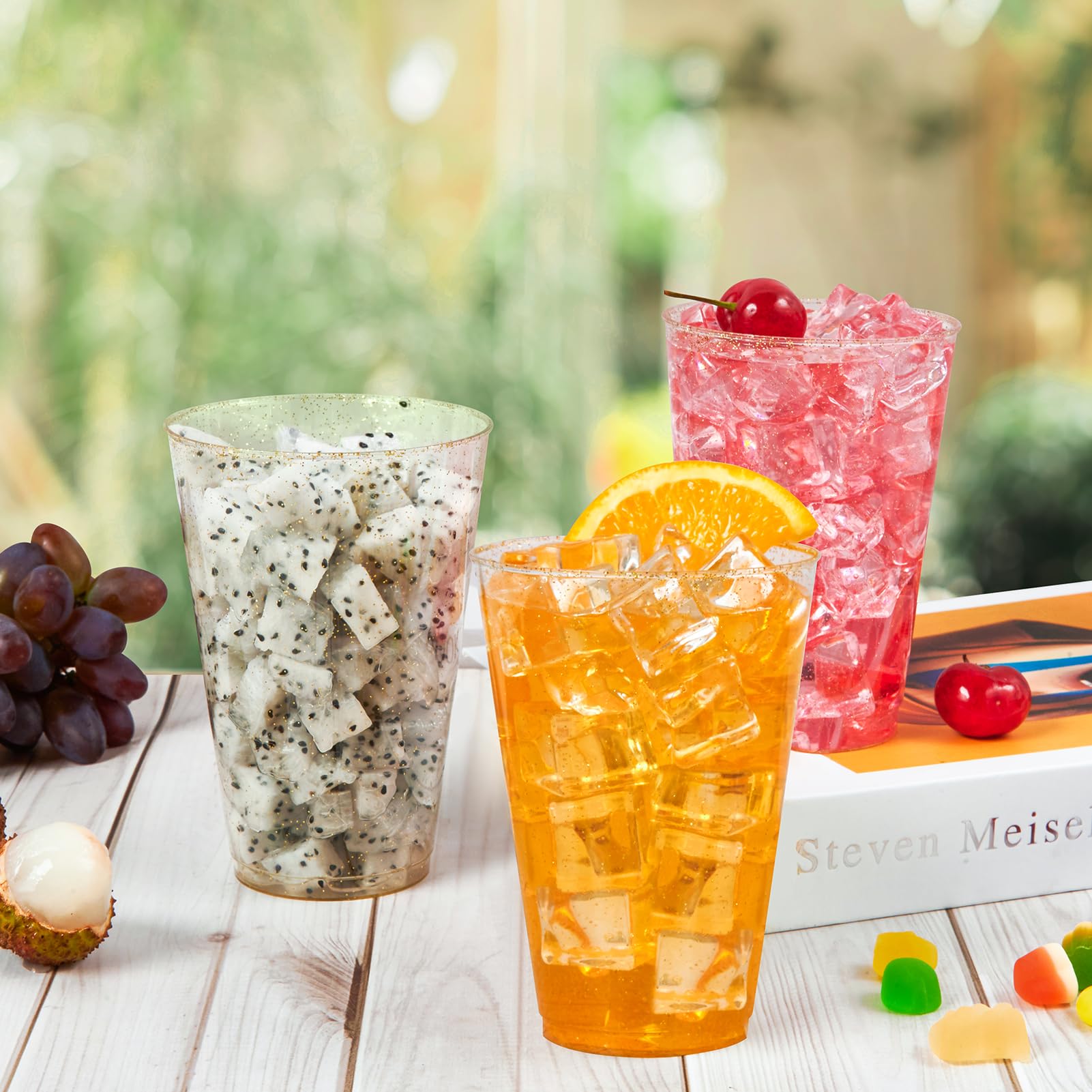 Vplus 100 x große, robuste Kunststoffbecher mit goldenem Glitzer, 14 Unzen, Einweg-Kunststoffbecher, elegante Gläser für Hochzeit, Geburtstag, Weihnachten, Party