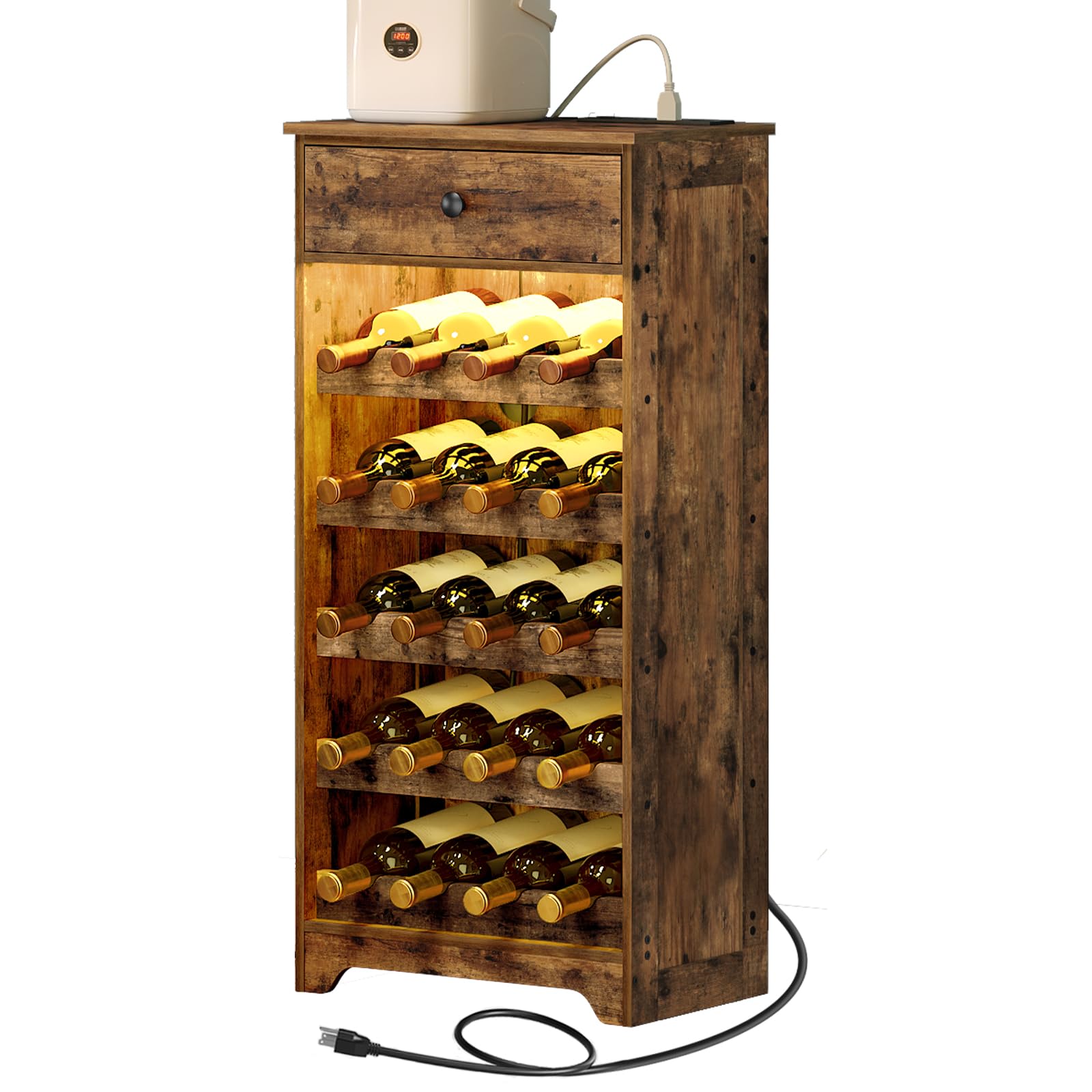 Wine Rack with LED Lights and Power Outlets, Bar Cabinet Freestanding Floor, 5-Tiers Liquor Cabinet, Wine Cabinet with Storage, Coffee Bar for Dining Room, Rustic Brown JJ05BR