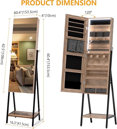 Miniatura 2 de LVSOMT Armario de joyería de 3 luces LED de longitud completa, espejo de pie con almacenamiento de joyas, organizador de espejo grande con cerradura