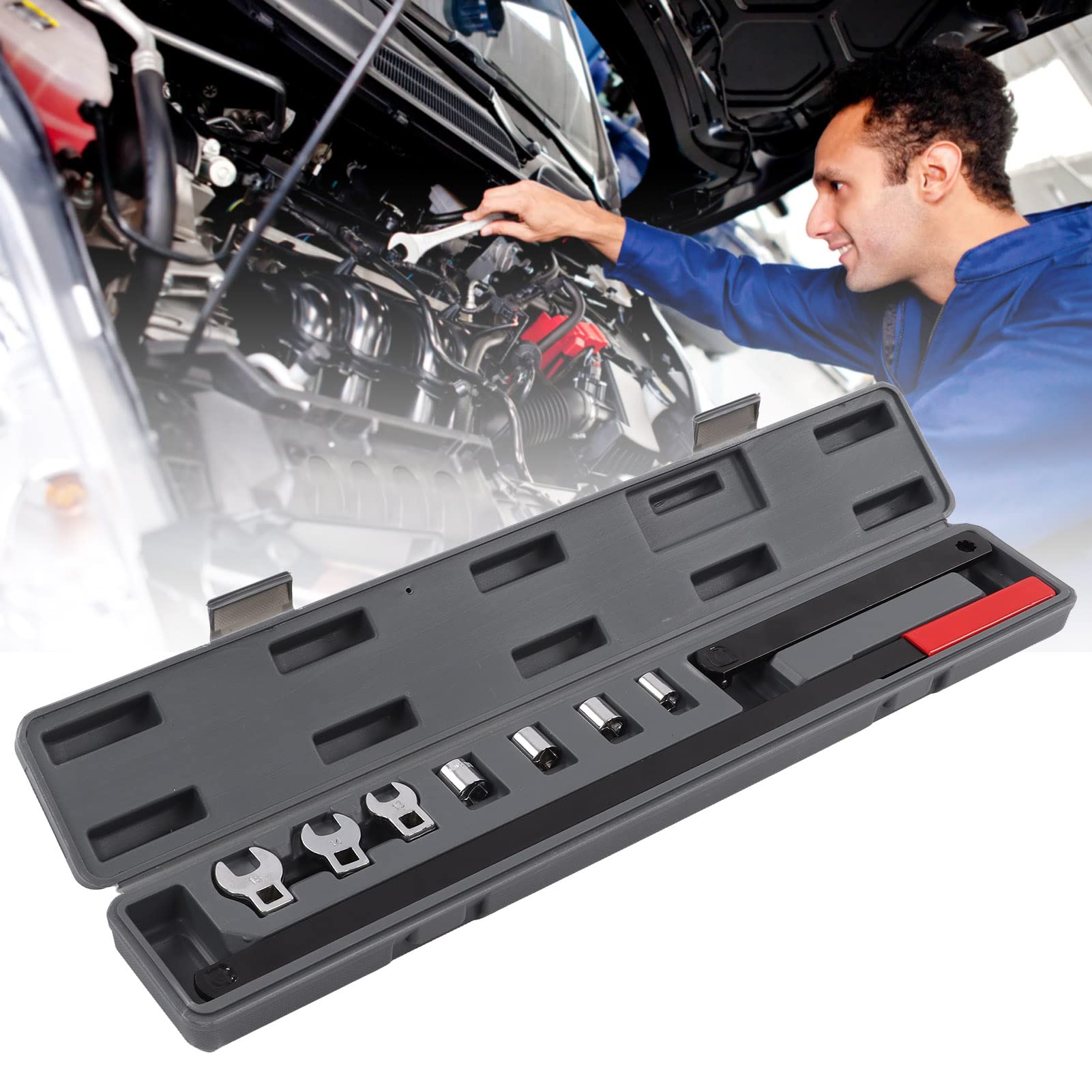 Juego de Herramientas de Tensor de Correa Serpentina de Trinquete de 10 Piezas para Poleas Locas con Resorte 3 Cabezales de Llave, 2 Palancas, 4 Enchufes Kit Universal de Reparación Automotriz