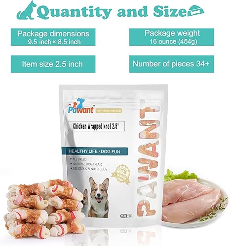 Miniatura 6 de Pawant Hueso envuelto en pollo para perros pequeños, bocadillos masticables para cachorros, promueve un nudo envuelto en pollo, 2.5 pulgadas, 1 libra