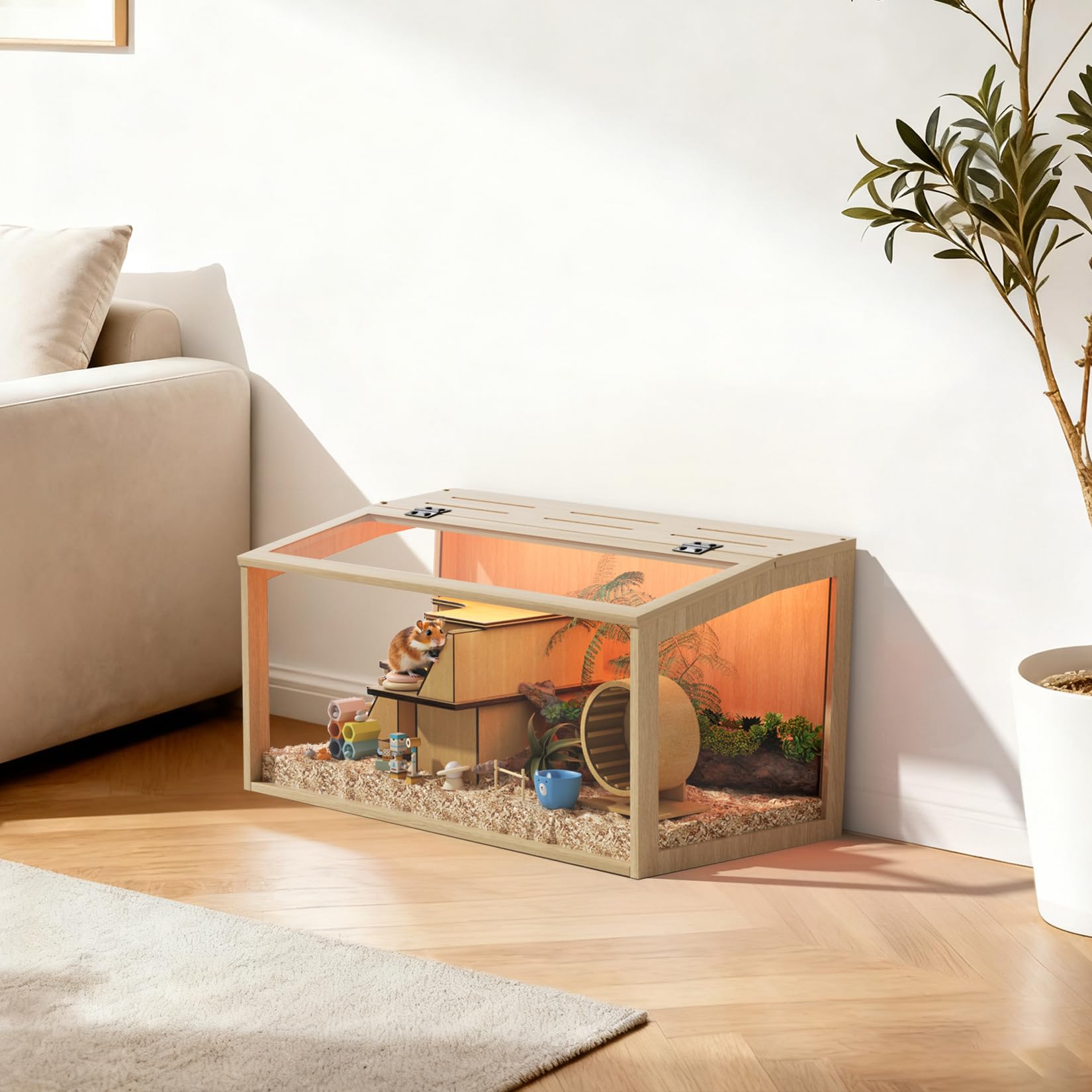 BingoPaw Jaula para Hámster, 80x40x40cm Jaula Hamster Madera con Luces LED Integradas y Paredes de Vidrio Templado para Hámsters Enanos Jerbos y Animales Pequeños