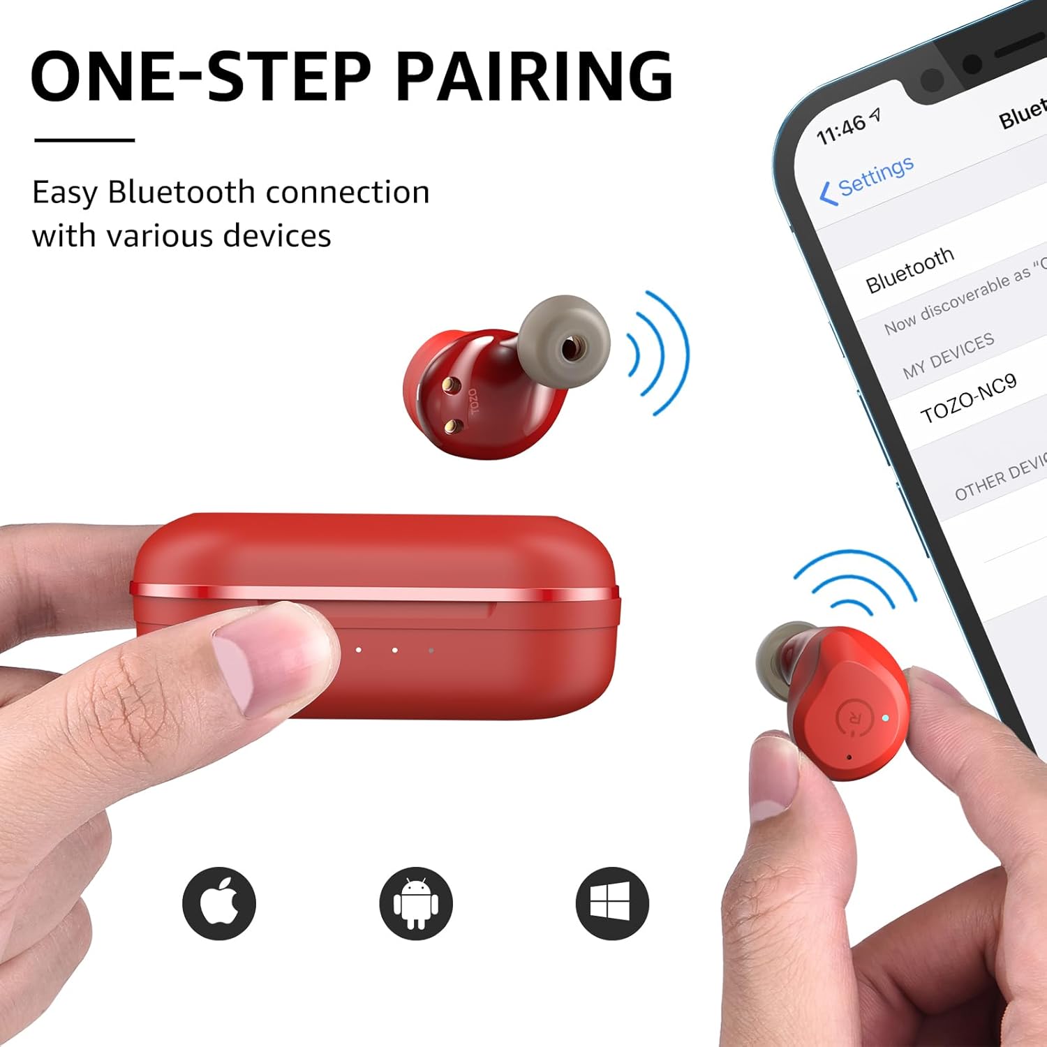 TOZO NC9 Hybrid Active Noise Cancelling Wireless Earbuds, in Ear Headphones IPX6 Waterproof Bluetooth 5.3 Stereo Earphones, Immersive Sound Premium Deep Bass Headset Dark Red