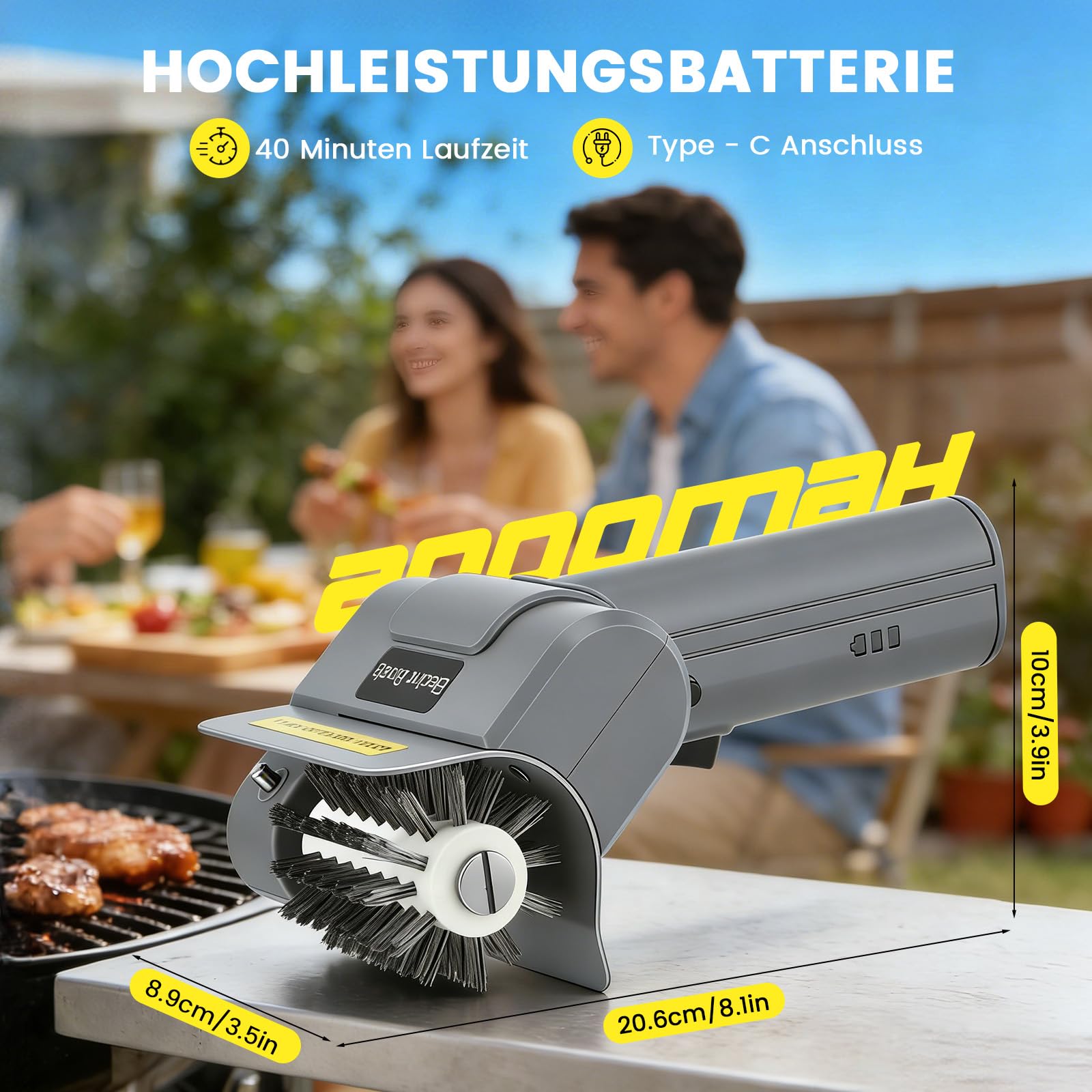 Brosse Électrique pour Barbecue, sans Fil, Rechargeable avec Tête, en Acier Inoxydable Amovible, 1 Tête de Rechange Incluse, Idéale pour Gril à Gaz, Charbon, Smoker, Électrique et Grille
