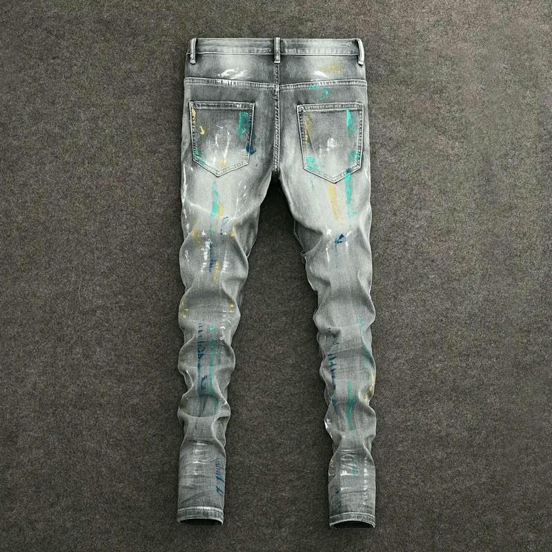 Street Mens Jeans Retro Gray9 Stretch Slim Fit Patched Biker Jeans Men Zipper Hip Hop Ripped Denim Pants ​​Trousers2