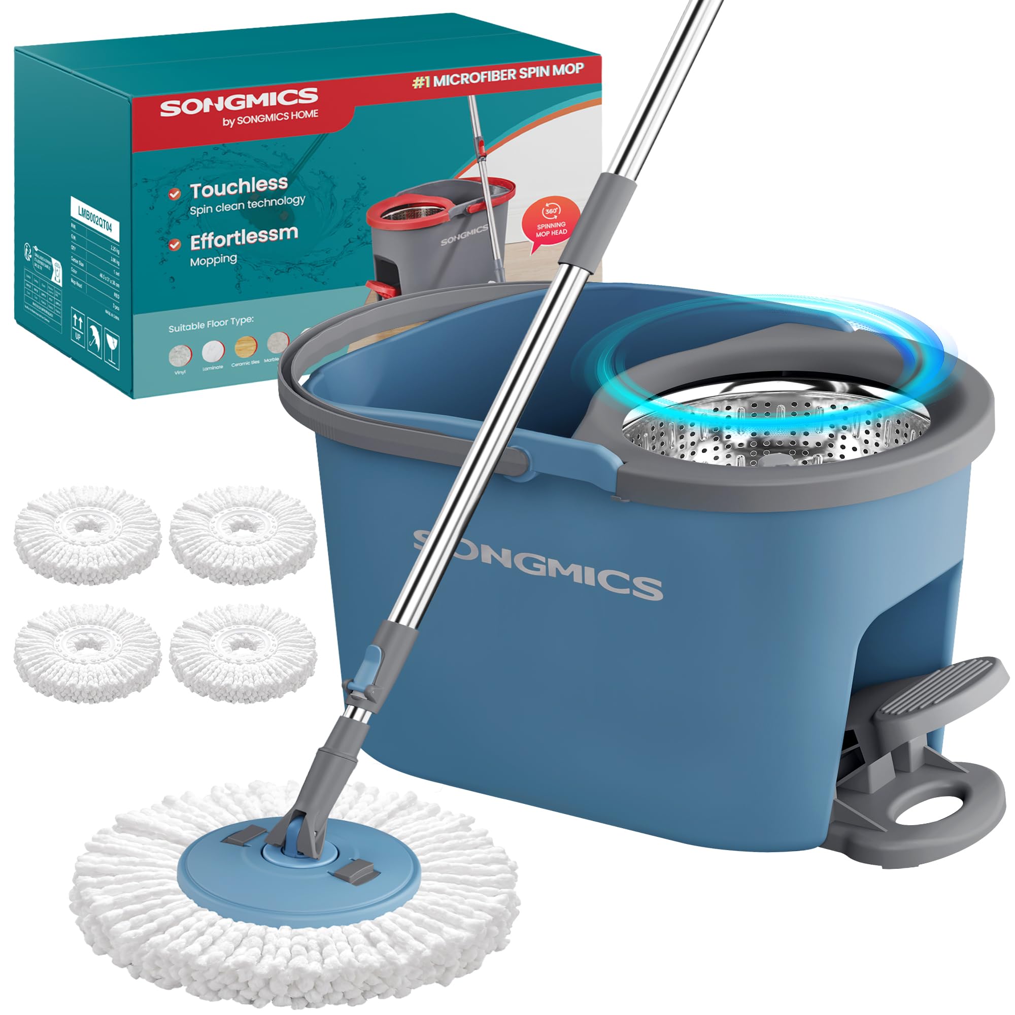 SONGMICS Spin Mop and Bucket Set with Pedal Wringer, 4 Microfiber Pads