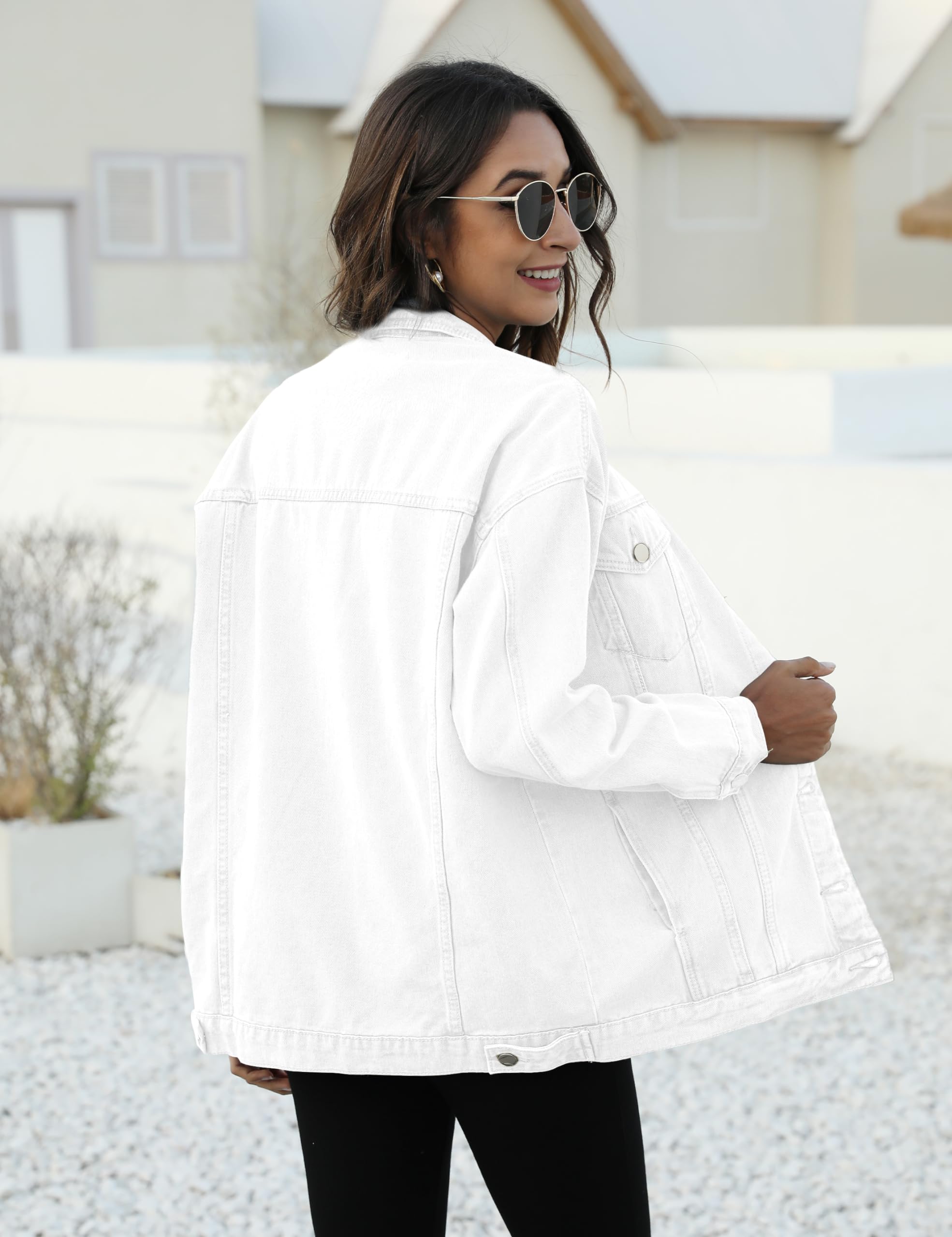 Omoone Women's Oversized Mid Long Denim Jacket Jean Biker Coat: Large White
