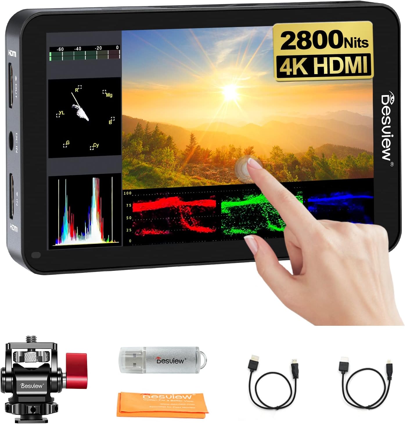 Desview R6 Field Monitor 2800Nits, 5.5 inch Touch Screen Camera Monitor Full HD 1920x1080 with 4K HDMI 3D LUT Waveform Focus Video Assist for DSLR