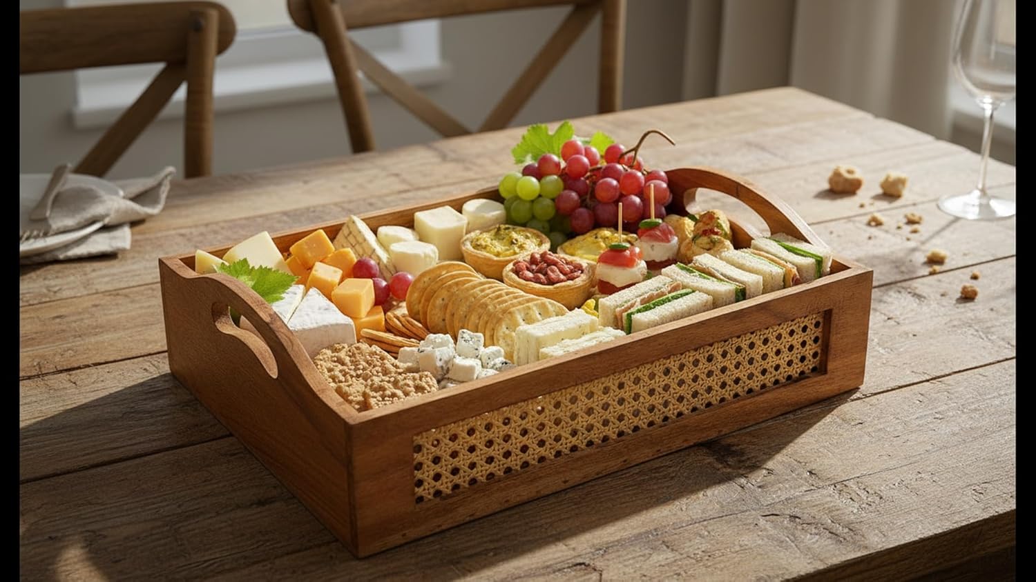 15 x 10 Inch Acacia Wood Serving Tray with Handles & Rattan Weave, Decorative Wooden Platter for Kitchen Dining Charcuterie Cheese Board Breakfast Lunch Dinner Appetizer Beverages Ottoman Coffee Table