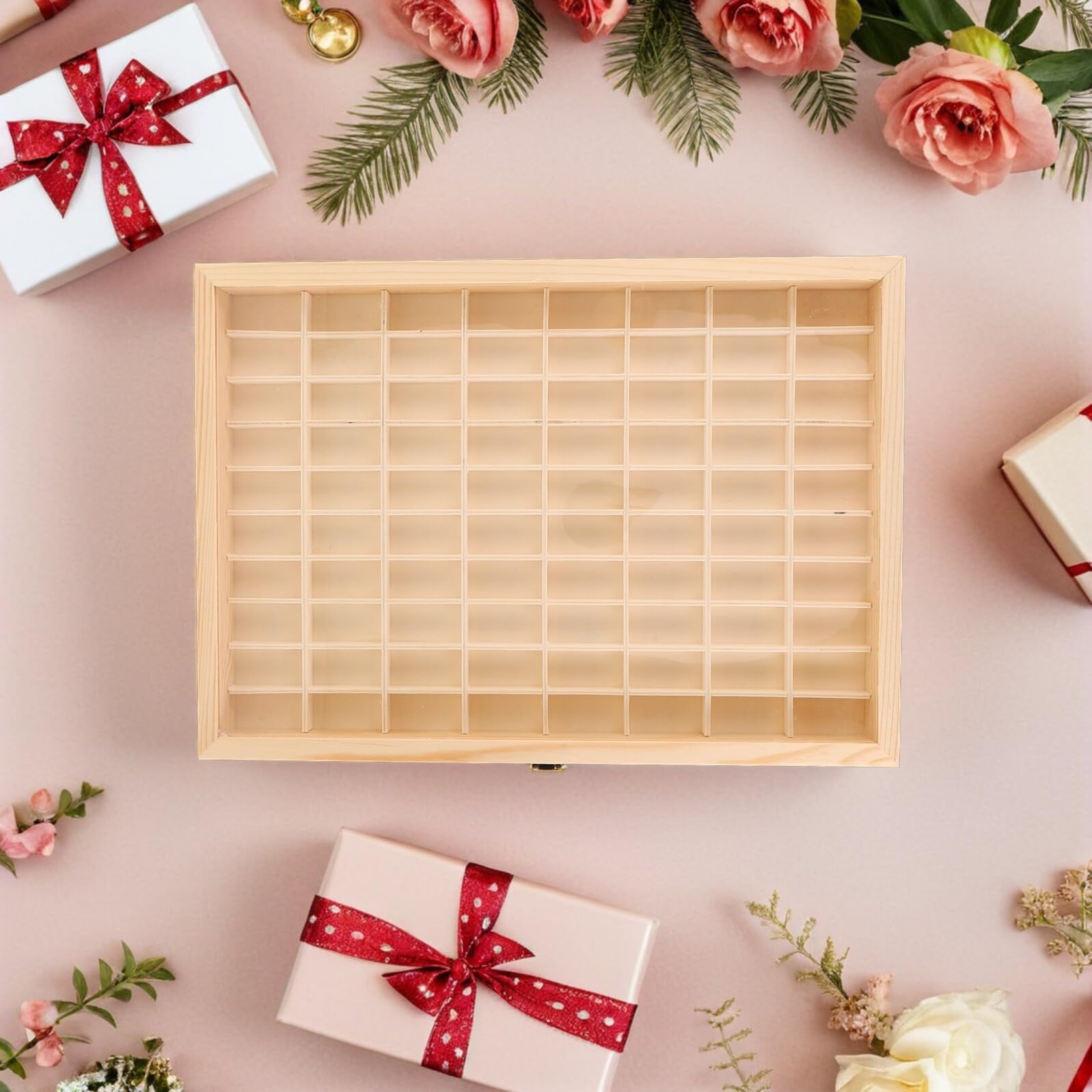 Holz Kristall Sammelbox mit 80 Fächern und Sichtfenster, Beige