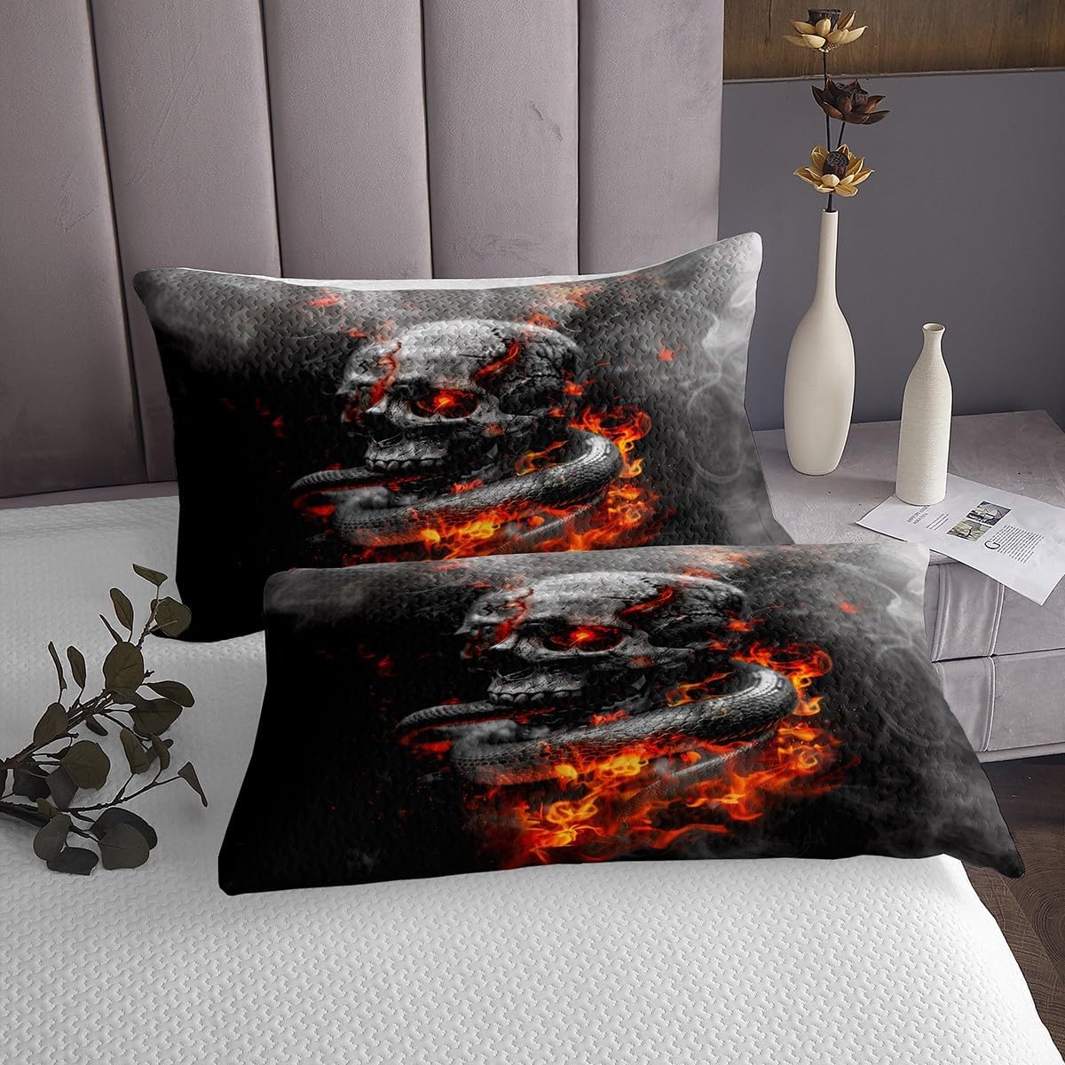 Trippy Sugar Skull Bedspread Twin Size,Flame Snake Bedding Set 2Pcs for Kids Girls Boys Teens Room Decor,Grey White Foggy Print Comforter Set Cool Wild Animals Quilt Coverlet,1 Pillowcase