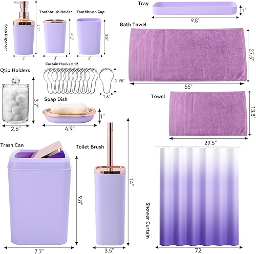 Miniatura 6 de Juego de 24 piezas de accesorios de baño morado claro, con cortina de ducha, toallas de baño, basurero, dispensador de jabón y jabonera para baño o