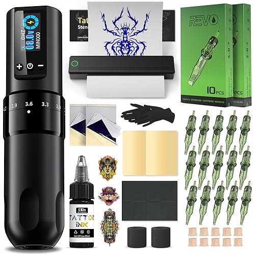 INKin Tattoo Kit for Beginners Complete Set with Tattoo Stencil Printer, Tattoo Gun with 7 Stroke 2.2-4.2mm and 1600mAh Power for Long Time Work of 8 Hours, Full Kit with Tattoo Needles and Tattoo Ink