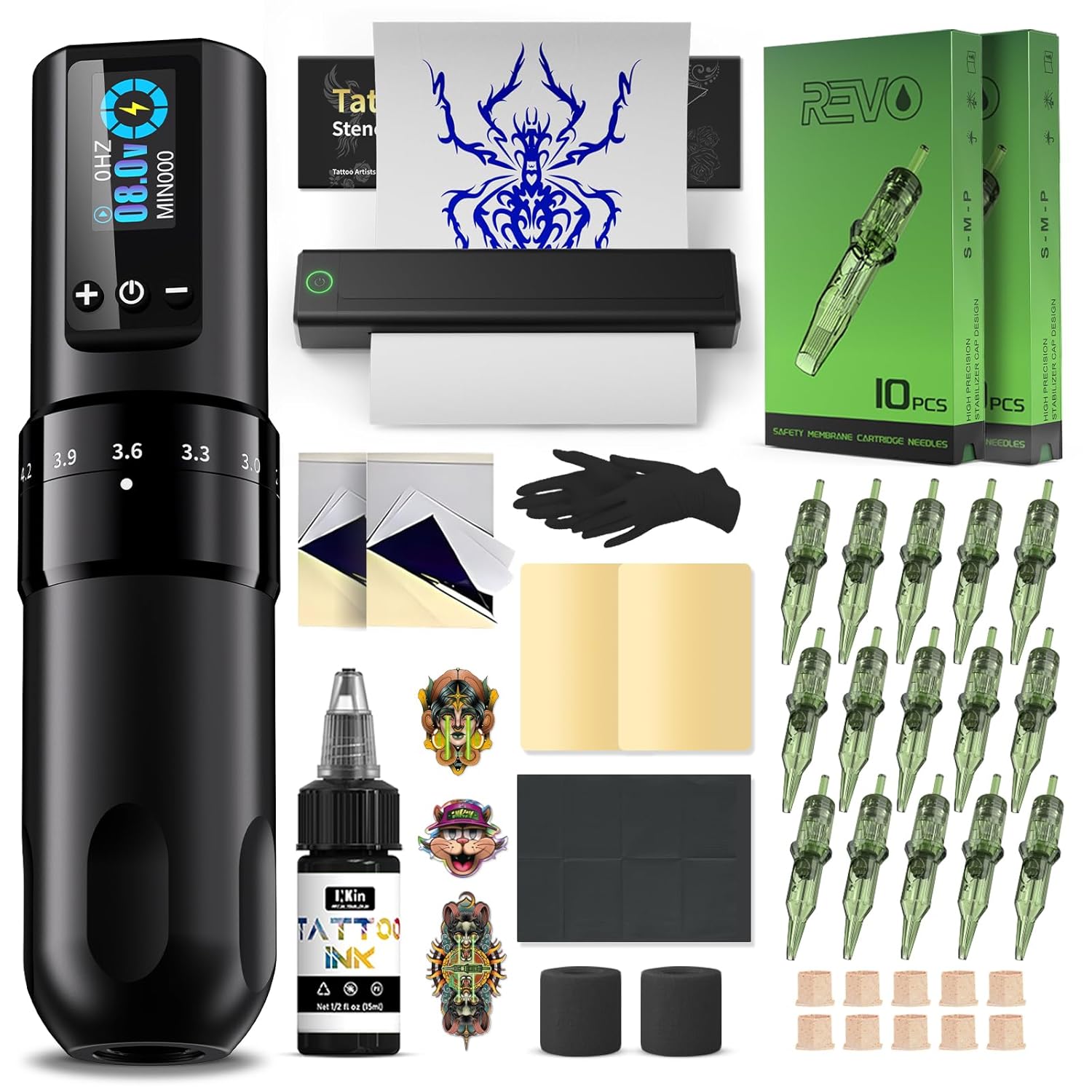 INKin Tattoo Kit for Beginners Complete Set with Tattoo Stencil Printer, Tattoo Gun with 7 Stroke 2.2-4.2mm and 1600mAh Power for Long Time Work of 8 Hours, Full Kit with Tattoo Needles and Tattoo Ink