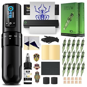INKin Tattoo Kit for Beginners Complete Set with Tattoo Stencil Printer, Tattoo Gun with 7 Stroke 2.2-4.2mm and 1600mAh Power for Long Time Work of 8 Hours, Full Kit with Tattoo Needles and Tattoo Ink