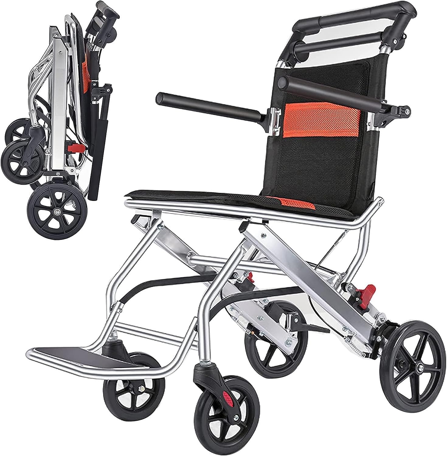 SXSLTSA Lightweight Folding Wheelchair, Transport Wheelchair Lightweight Transport Travel Chair Support 220Lbs, Portable Travel Wheelchairs with Handbrake, Suitable for The Elderly