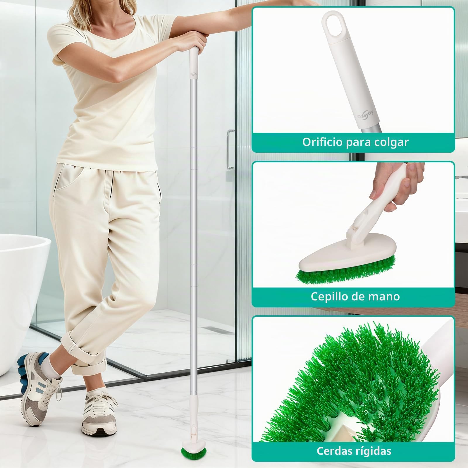 Qaestfy 4 en 1 Cepillo de Limpieza de Ducha y Estropajo Combinado con Mango Largo Desmontable de 130cm para bañera y Azulejos de Ducha, Cepillo Limpia