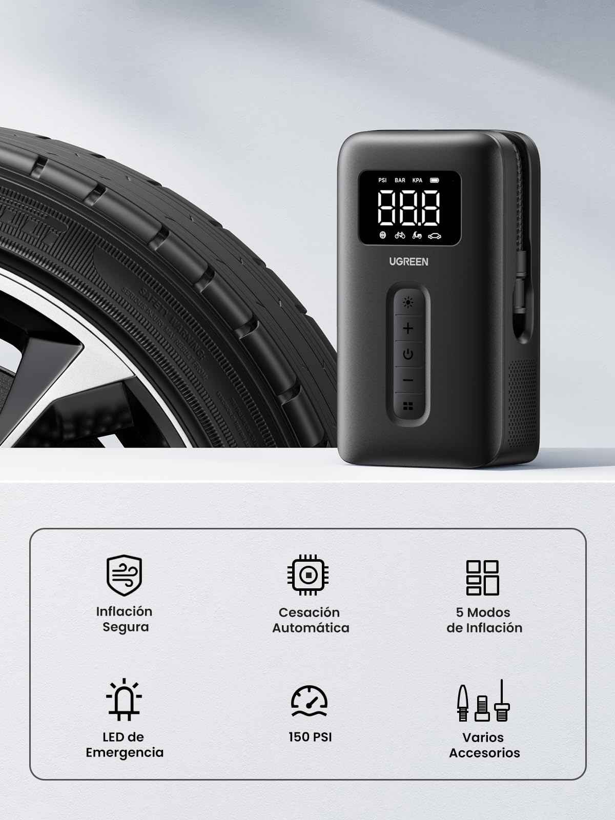 UGREEN Compresor Aire Portatil, 150PSI Inflador Ruedas Coche Mini Bomba de Aire Bicicleta Electrica con Pantalla LCD Digital y Linterna LED，con Boquillas para Coches, Motos, Bicicletas