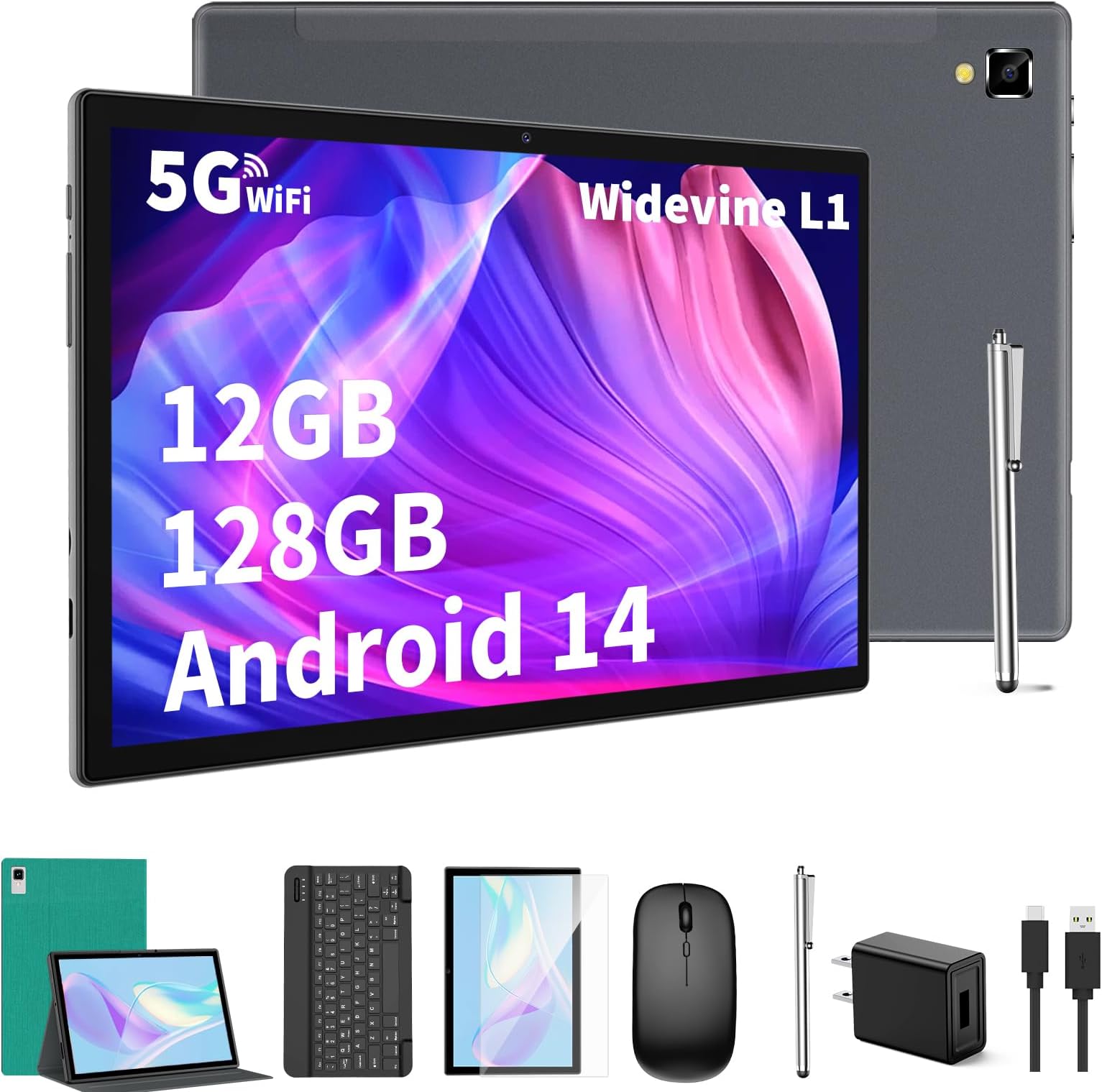 YLEEBG Android Tablet with Keyboard, 10 Inch Android 14 Tablet, 12GB RAM 128GB ROM, 1TB Expansion, 8000mAh, 2.4G/5G WiFi, Bluetooth, GMS Certified, 2-in-1 Tablet with Mouse