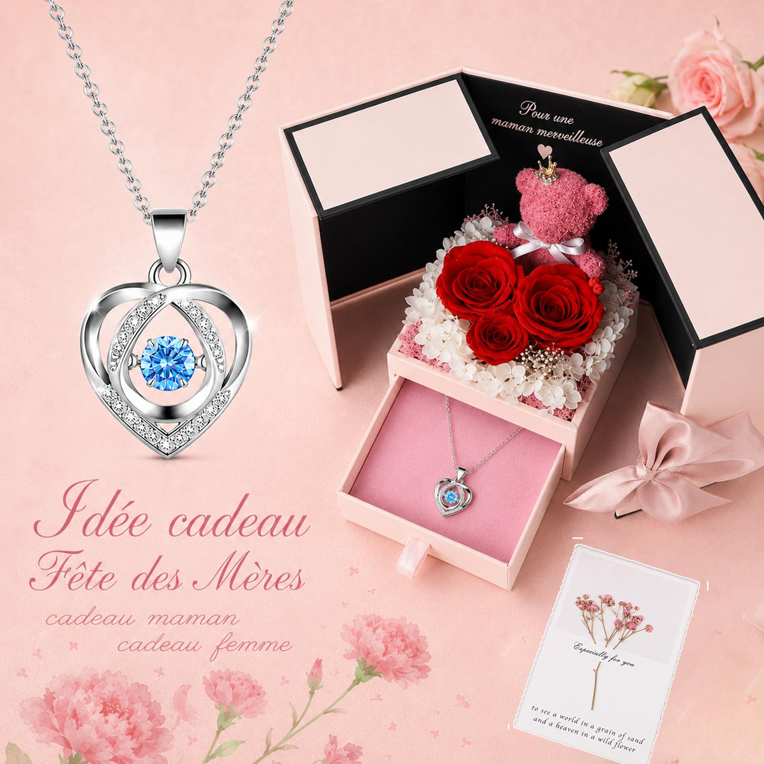 Cadeau Anniversaire Femme, Rose Eternelle avec vec Collier En Argent Sterling et Ours Rose, Cadeaux Romantiques pour Aint Valentin,Anniversaire:Parfait pour Femme,Sa,Copine,Petite Amie et Maman