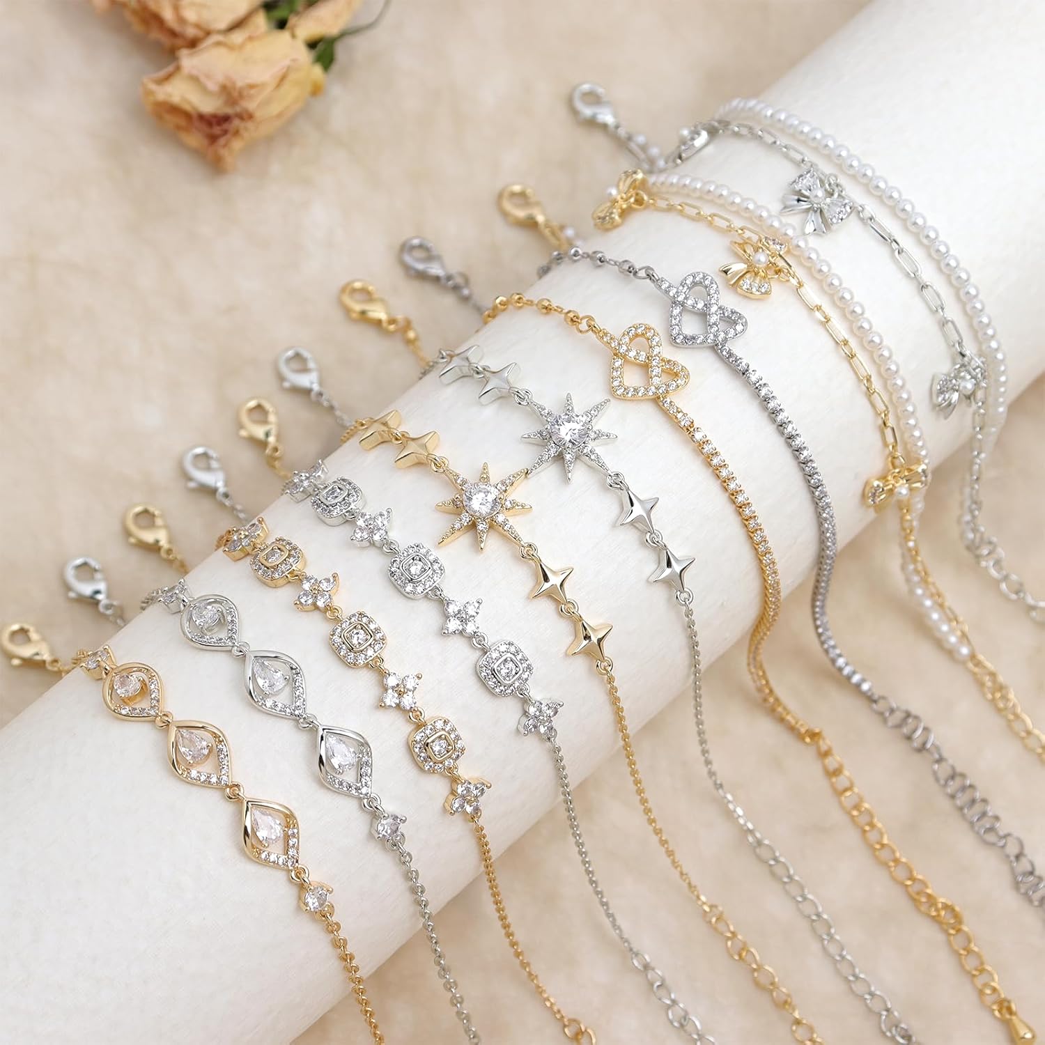Gold Silver Heart Star Bow Rhinestone Link Bracelet for Women, Handmade Adjustable Pearl Stackable Chain Bracelets Prom Fashion Jewelry Accessories Gift - Image 7