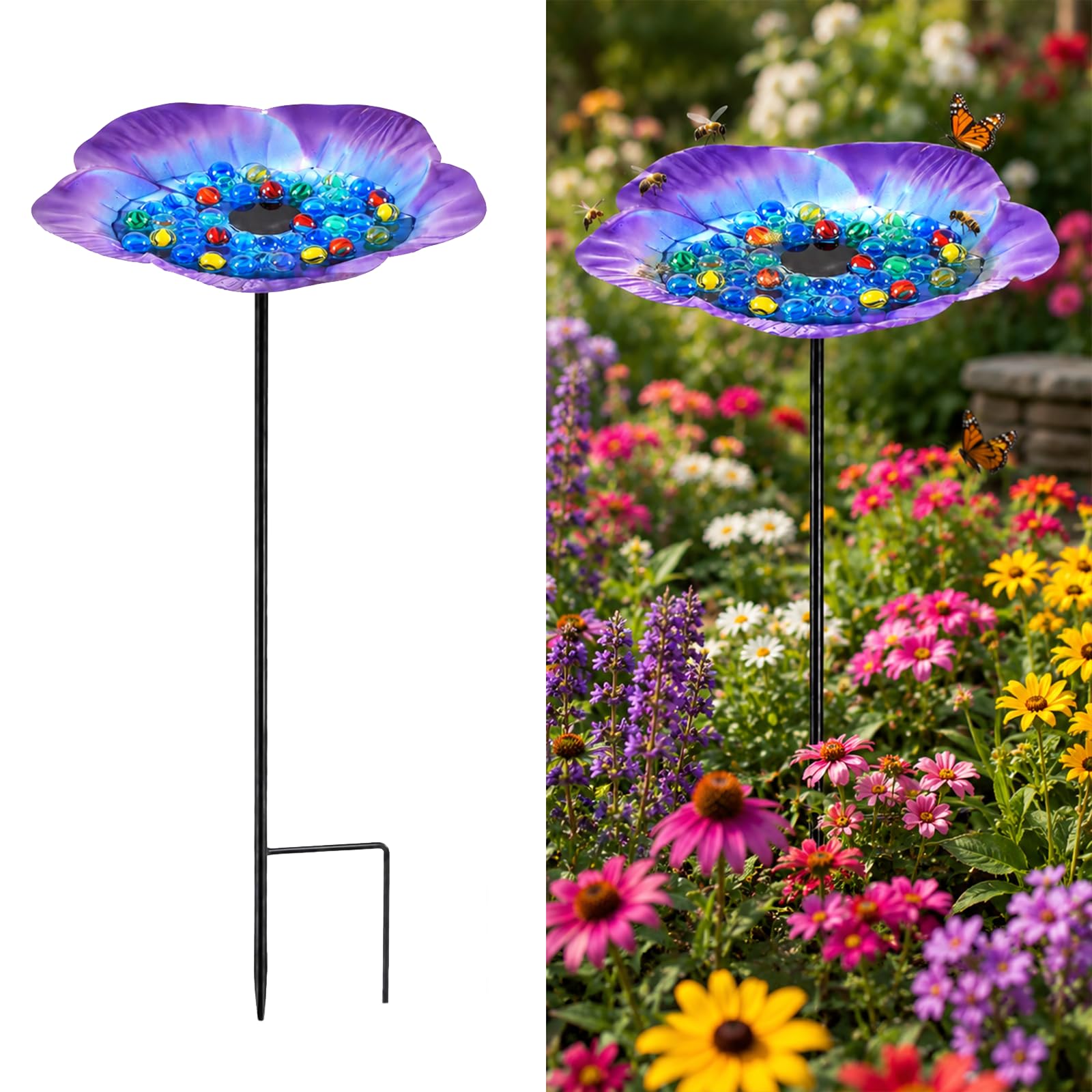 Flower Bee Watering Station, Metal Butterfly Feeder Cup with 30 Colorful Glass Marbles, Bee Drinking Cups for Outdoor Patio Yard Bird Bath, Nature Lover Gift