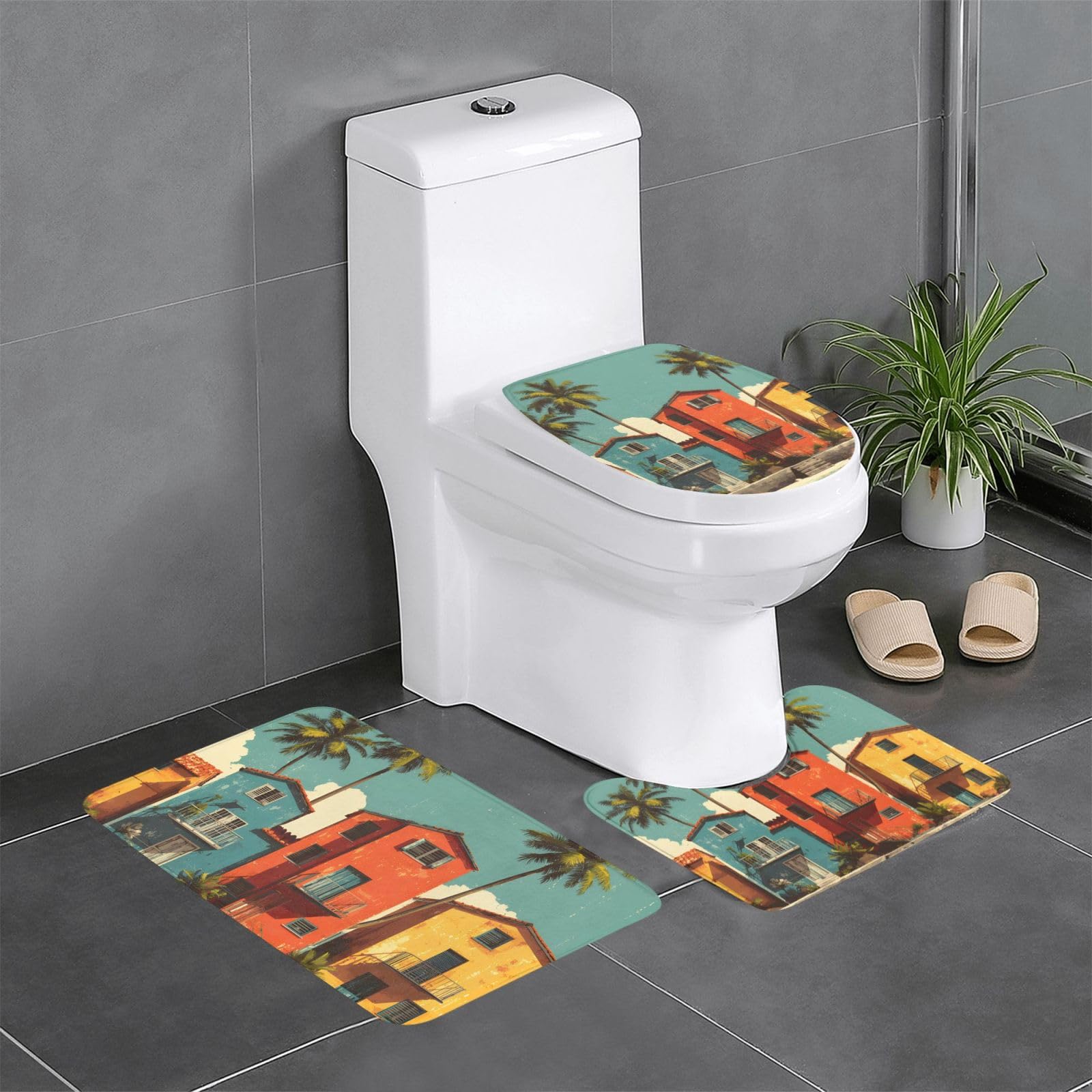 Tapis de salle de bain lot de 3 antidérapant avec contour WC motif palmiers