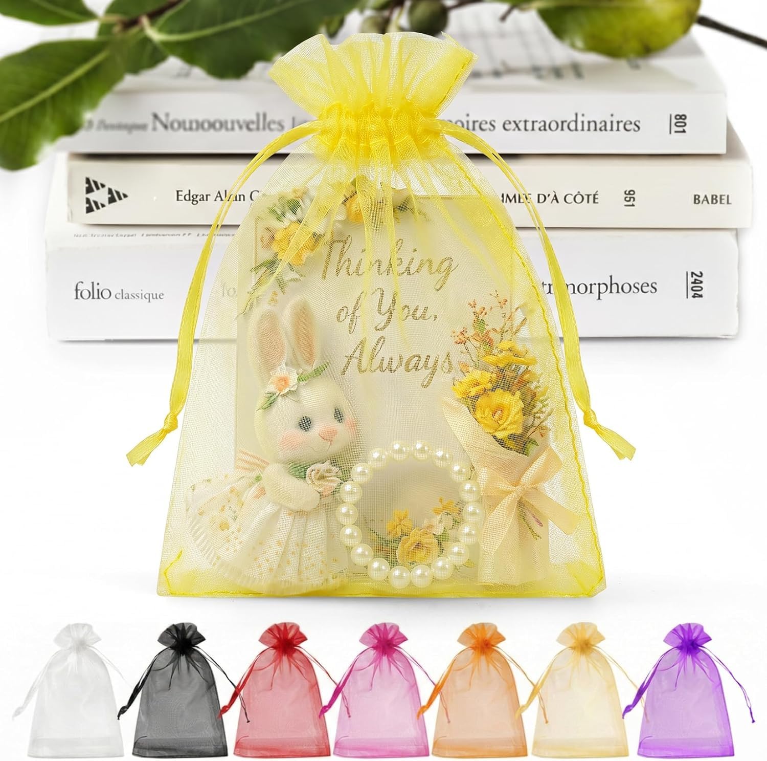 ANZNKU 100 PCS Organza Bags 5 x 7, Yellow Small Mesh Gift Bags Drawstring