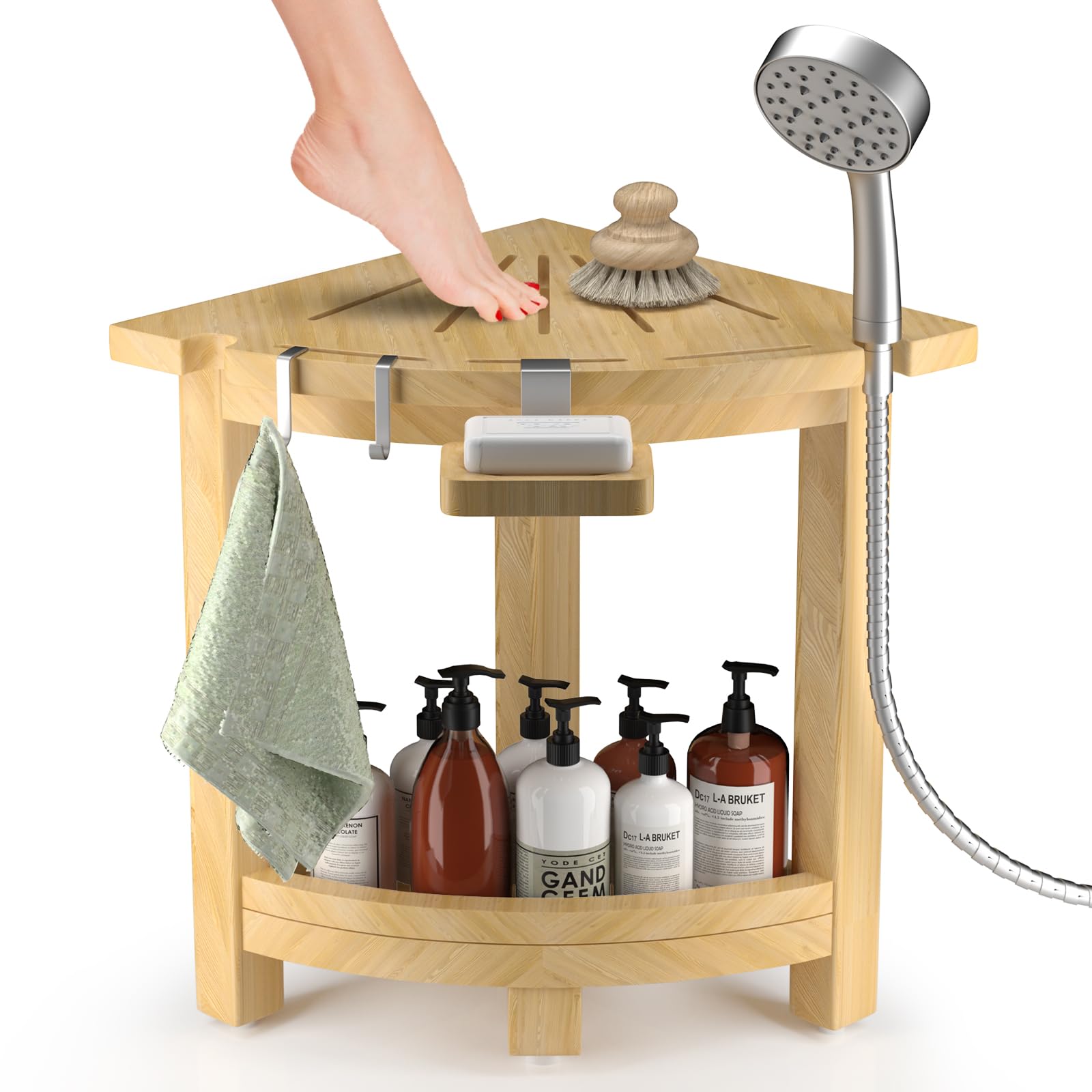 Shower Chair for Inside Shower, Bamboo Corner Shower Stool with Storage
