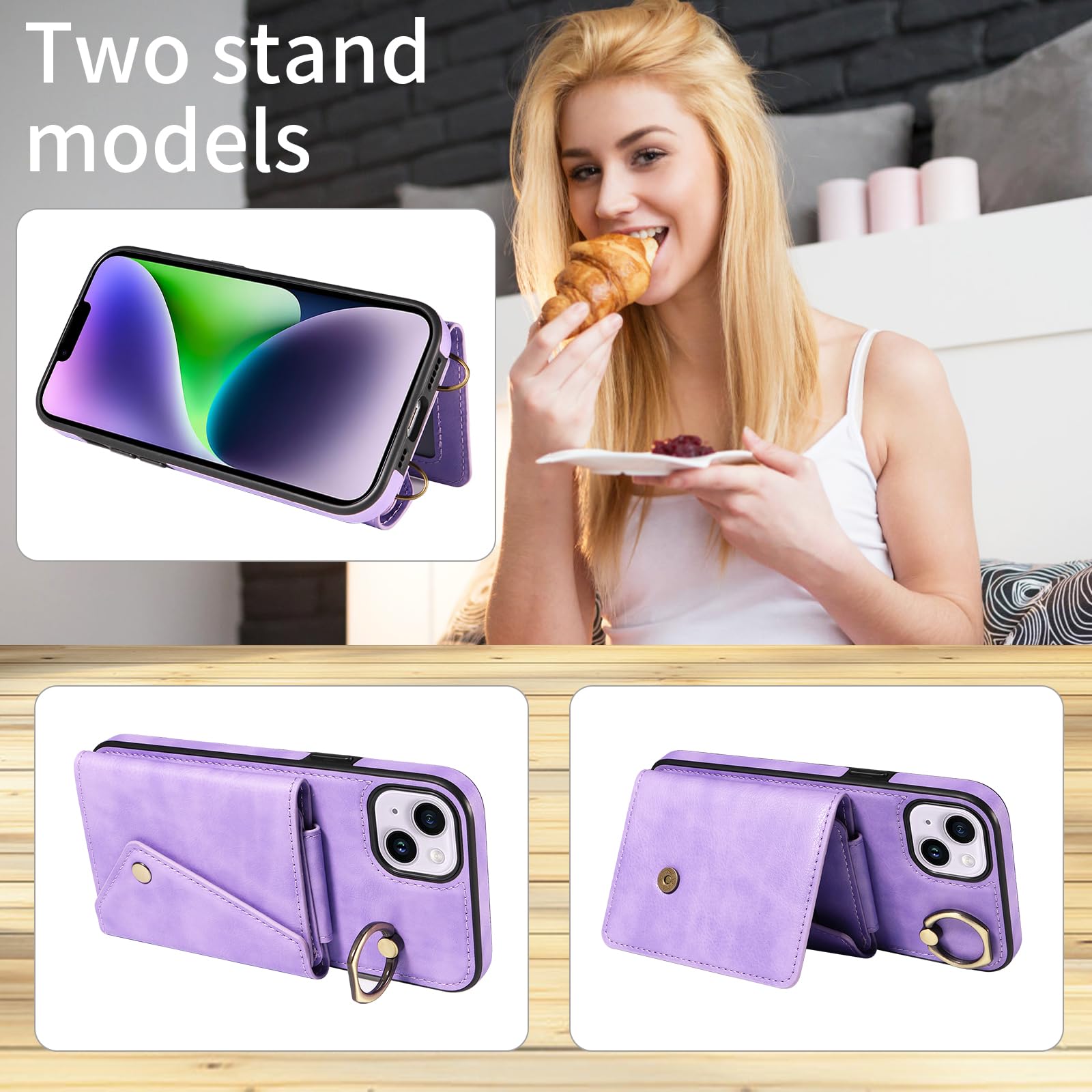 Asuwish Custodia Per IPhone 14 Plus Con Portacarte E Cinturino: Supporto Regolabile, Pelle Morbida, Cover Protettiva Con Portafoglio - Viola