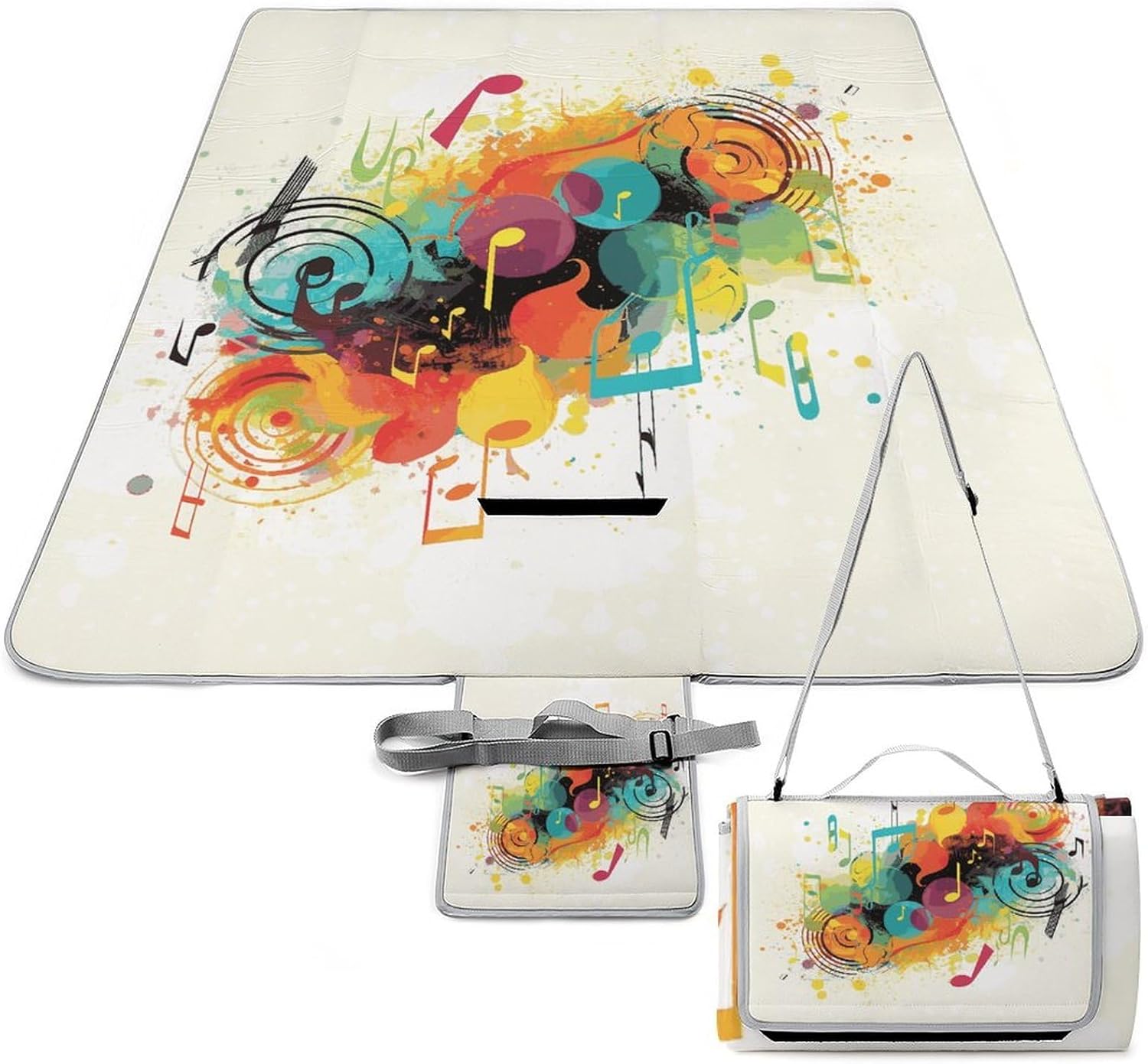 Abstract Music Themed Waterproof Picnic Blanket 58.3''x58.3'',Portable and Foldable Picnic Mat with Handle,Outdoor Blankets for Lawn Park Beach Travel
