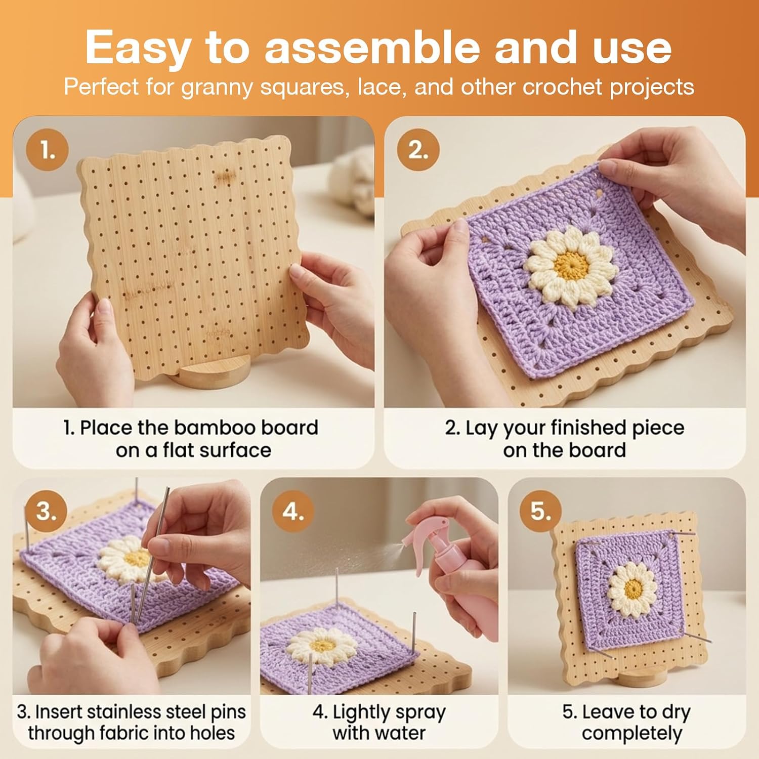 Cozary Granny Square Tensioner 19.5 x 19.5 cm - Wave Profile, 10 Stainless Steel Rods, 196 Holes (14 x 14) for Granny Squares, Bamboo Tension Board, Crochet Accessories - 2 mm Thickness