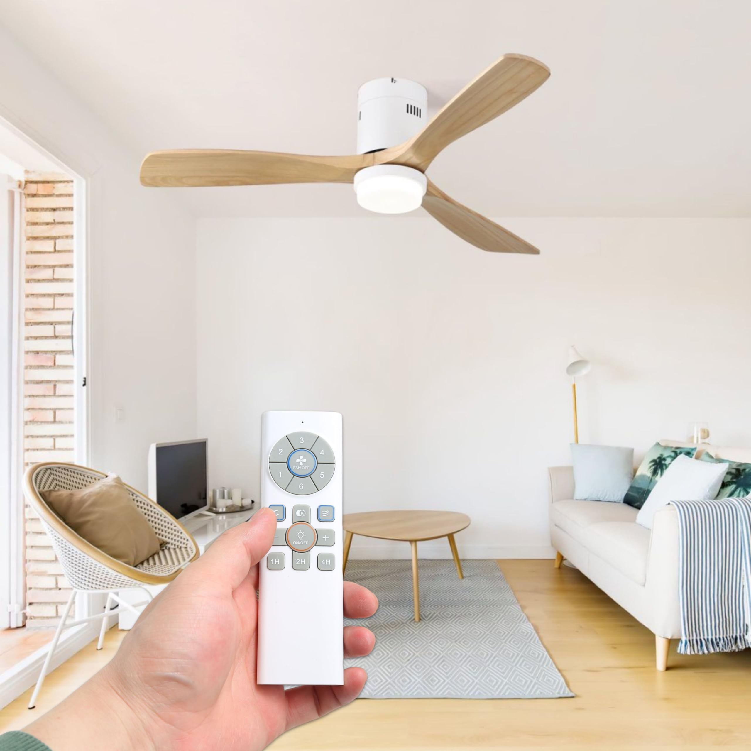 Ventilador techo grande 132 cm con luz LED 20W | Motor DC silencioso | 3 aspas madera natural | Mando con temporizador y función invierno/verano | Diseño moderno sin barra