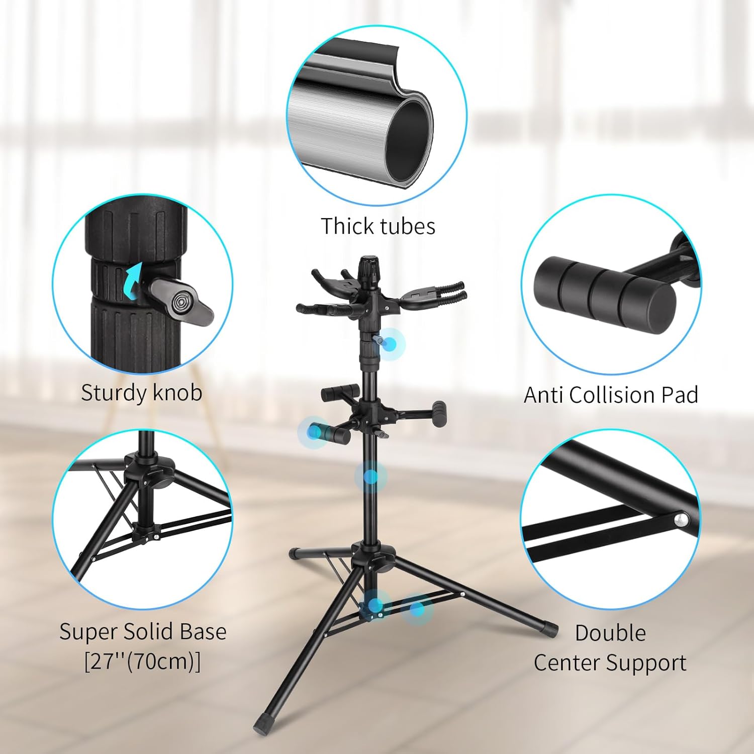 GUITTO Triple Guitar Stand - Heavy Duty 3 Guitar Stand for Acoustic/Electric/Bass/Banjos, Auto-Lock Folding Design, Non-Slip Base & Anti-Rust - Portable for Stage/Travel/Studio GGS-06T