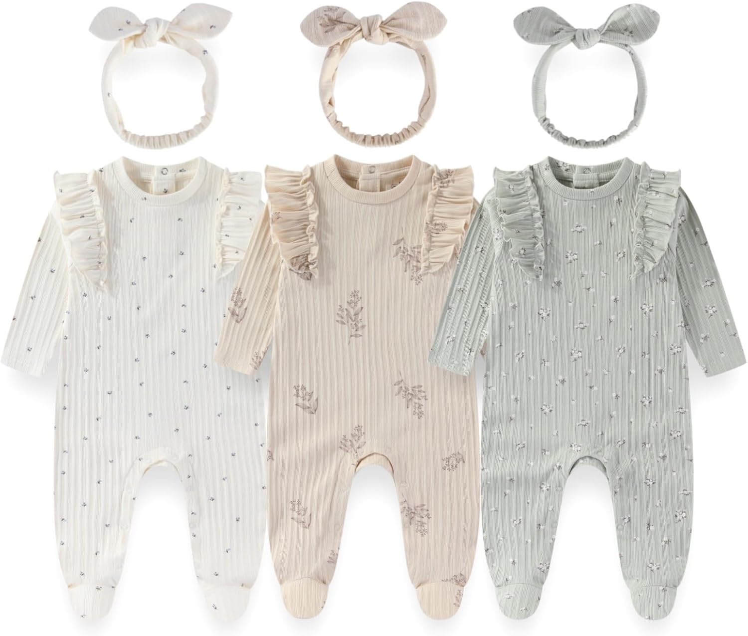 Baby Girls 3-Piece Cotton Floral Outfit Set with Headband Soft Infant Romper Newborn baby clothes