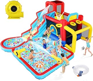 AKEYDIY Inflatable Bounce House 12 in 1 Waterfall Waves Mega Water Park | Inflatable Water Slide Bounce House,Splash & Blast Bouncer,Ball Toss,Soccer Gate,Kids Bounce House with Slide Indoor/Backyard