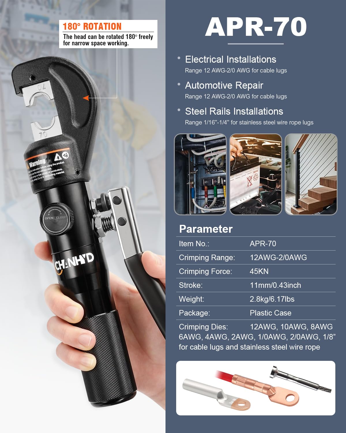 CHANHYD Hydraulic Hand Crimper Tool for Stainless Steel Cable Railing Fittings for 1/8" to 3/16" Cable –Wire Swaging Tool Crimper Wire Terminal Lug Tool with 9 Pairs of Dies