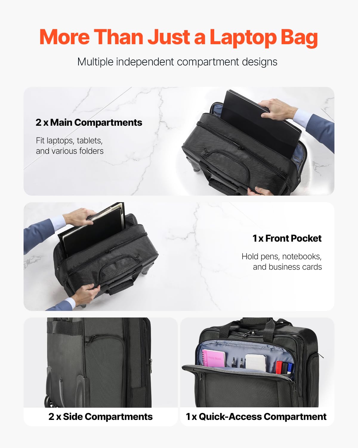 VEVOR Laptop Trolley, passend für Laptops bis zu 17,3 Zoll (44 cm), Aktenkoffer, Notebooktasche mit Rollen und Teleskopgriff, Laptoptasche für Arbeit, Reisen, Büro, 450x210x370 mm (Schwarz)