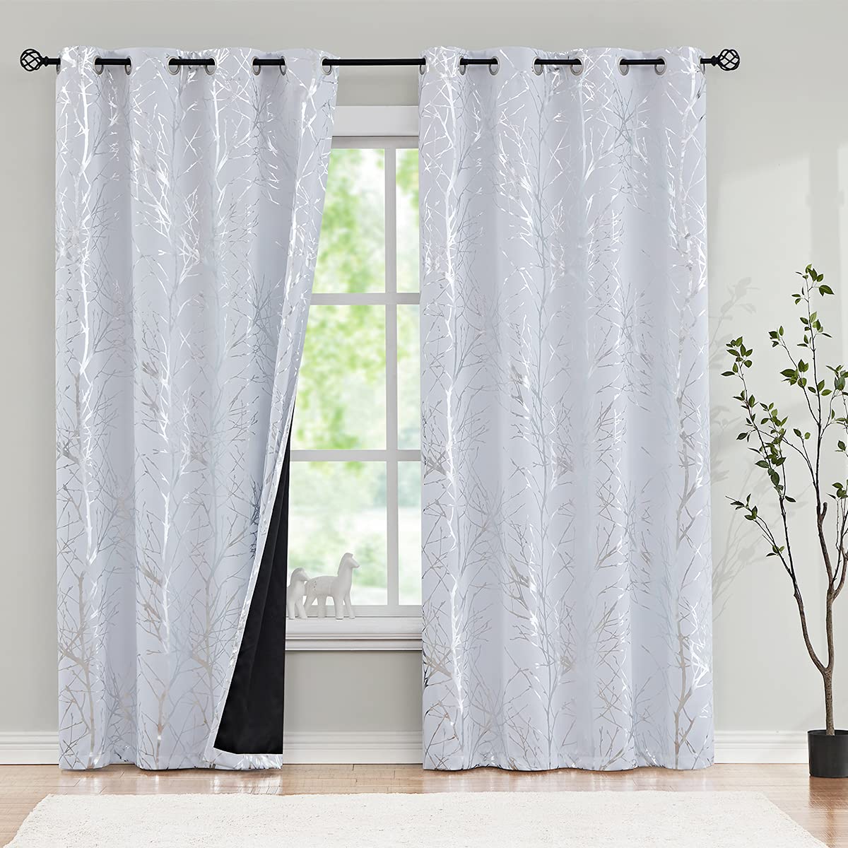 Fmfunctex Blackout Thermal Curtains for Bedroom 72 Inch Drop White Silver Eyelet Curtains for Living Room Branch Foil Print Room Darkening Energy Saving Window Curtain Drapes 2 Panels - Image 2