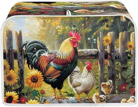 JEOCODY Sunflower Rooster Toaster Oven Covers for Kitchen Polyester Fabric Quilted Toaster Appliance Dust-proof Cover for Small Appliance Dust Cover and Fingerprint Protection Stain Resistant Bag