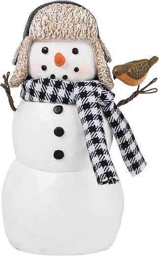 GALLERIE II Cute Snowman w/Black & White Plaid Scarf & Chickadee Bird Small Winter Decorative Figurine Figure Christmas Xmas Winter Holidays Indoor Home Living ROM End Table Fireplace Mantle Decor