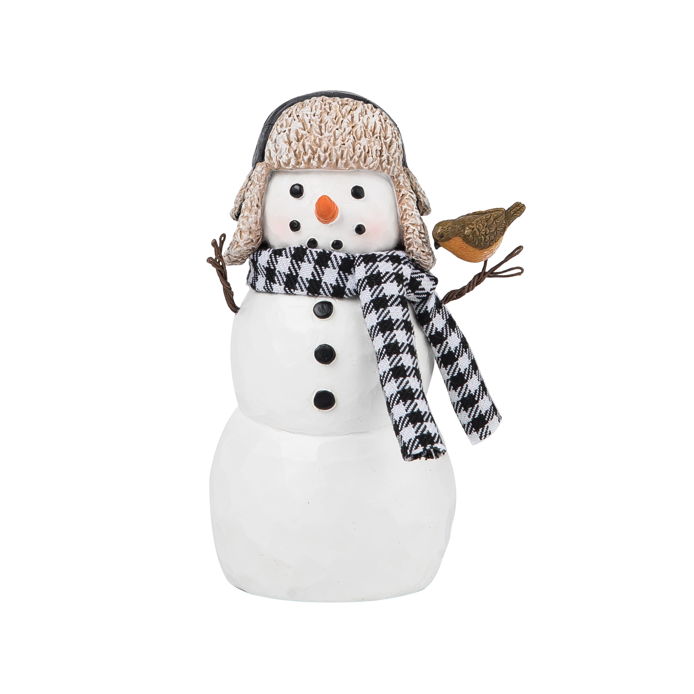 GALLERIE II Cute Snowman w/Black & White Plaid Scarf & Chickadee Bird Small Winter Decorative Figurine Figure Christmas Xmas Winter Holidays Indoor