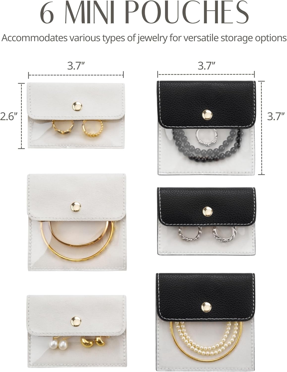 Popvibe Travel Jewelry Box Organizer Small Jewelry Case with 6 Jewelry Bags Mini Pouch, Portable Traveling Jewelry Case for Women, Black Leather Compact Jewelry Travel Necklace Case Holder - Image 3